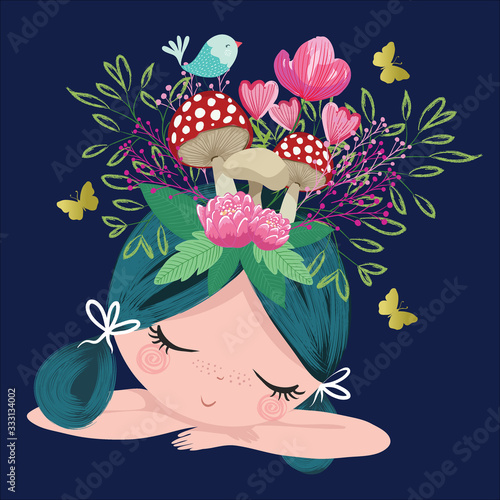 Cute girl portrait with flowers, romantic girl, kids artworks.