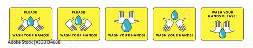 Sticker or nameplate template. Recommendations for the prevention of viral infectious diseases. A preventive measure to maintain health. Please wash your hands! Isolated vector elements.