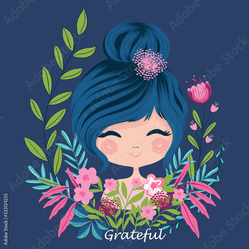 Cute girl portrait with flowers, romantic girl, kids artworks.