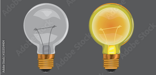Stylized vector light bulb in two states isolated on grey background