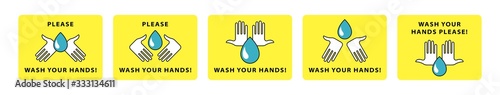 Sticker or nameplate template. Recommendations for the prevention of viral infectious diseases. A preventive measure to maintain health. Please wash your hands! Isolated vector elements.