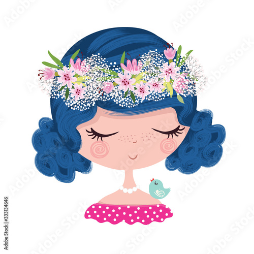 Cute girl portrait with flowers, romantic girl, kids artworks.