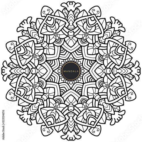 Mandala, tracery round boho doodle. Ethnic ornament, sketched symmetry. Folk, meditation design. Curved shape, isolated on white. Black and white art. Vector
