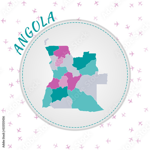 Angola map design. Map of the country with regions in emerald-amethyst color palette. Rounded travel to Angola poster with country name and airplanes background. Beautiful vector illustration.