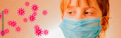 Stop the virus and epidemic diseases. Portrait of cute little child girl in blue medical protective mask. Health protection and prevention during flu and infectious outbreak