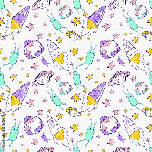childish seamless pattern. rockets in space. aliens