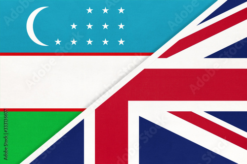 United Kingdom vs Uzbekistan national flag from textile. Relationship between two european and asian countries.