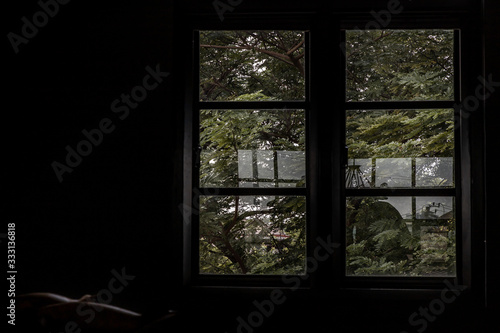 Empty dark room with green landscape in window.