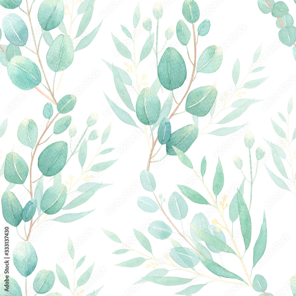 Obraz Eucalyptus leaves hand drawn seamless pattern on white background. For wallpaper, wrapping papper, fabric, textile, wedding stationery. Green leaves, branches, foliage background. Botanical art.