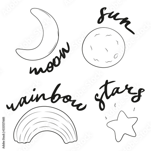 kawaii cartoon black and white sun, star, moon, rainbow, with handwritten text, editable vector illustration for decoration, t shirt print, poster, coloring book