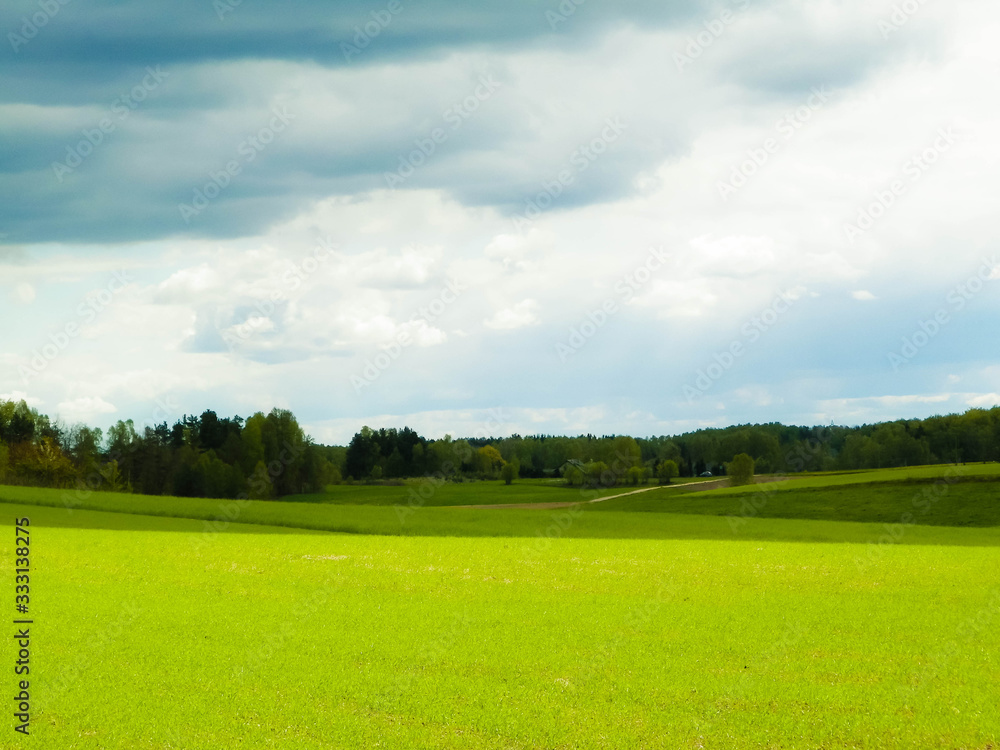 Nature landscape of green field in Kashubian village. Nature and agriculture concept Nature landscape of green field in Kashubian village. Nature and agriculture concept