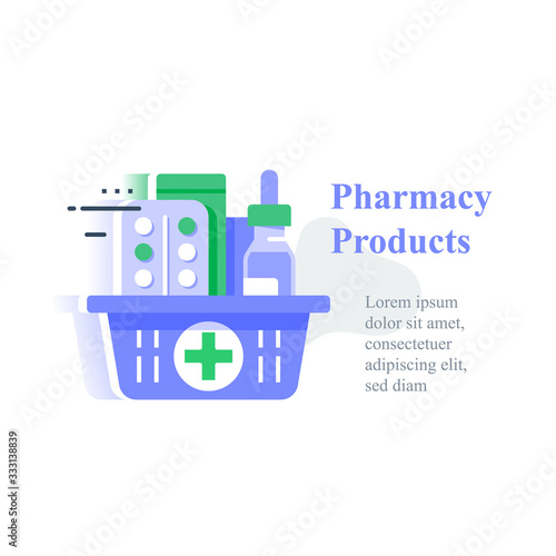Full pharmacy basket, order medical product, purchase delivery