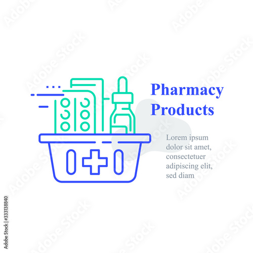 Full pharmacy basket, order medical product, purchase delivery