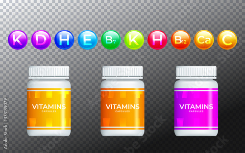 Set of medicine bottles and pills. Vector illustration