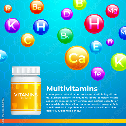 Medical vitamin, mineral background. Multivitamin complex of pill capsule. Vector illustration