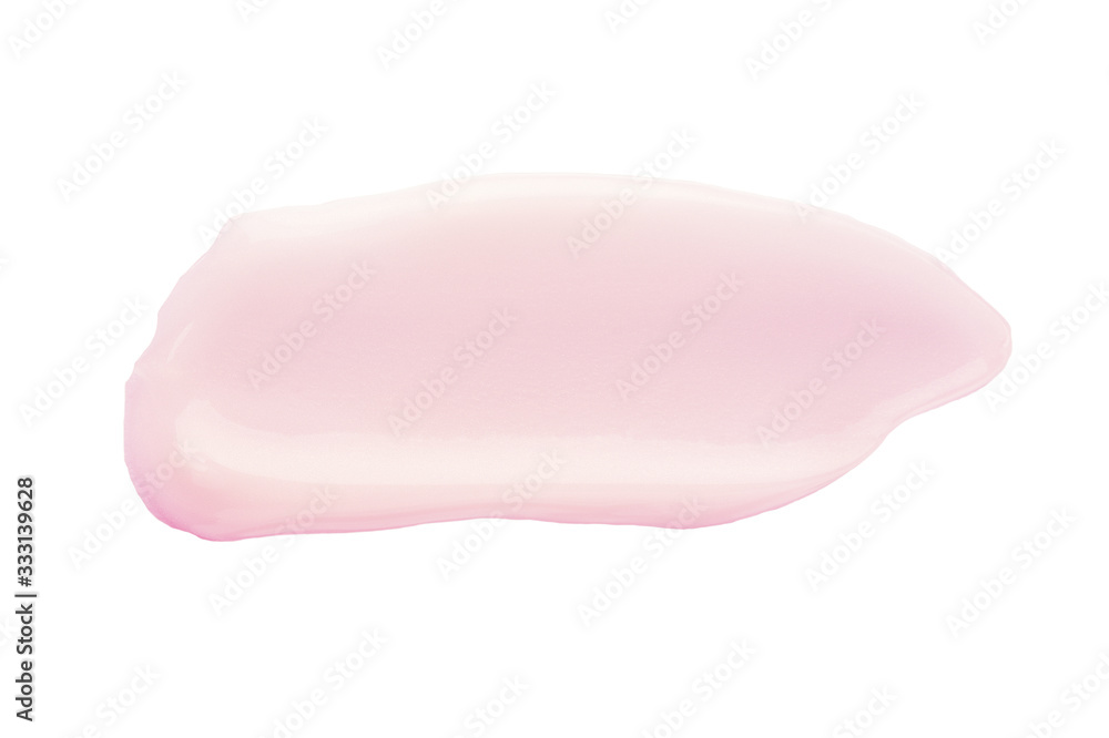 Rose lip gloss smear. Liquid texture of pink lipstick isolated on white background. Decorative cosmetics product for professional makeup. Beauty and maquillage concept Rose lip gloss smear. Liquid texture of pink lipstick isolated on white background. Decorative cosmetics product for professional makeup. Beauty and maquillage concept