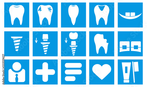 Dental Icons Set. Collection thin blue dental icons on blue squares.