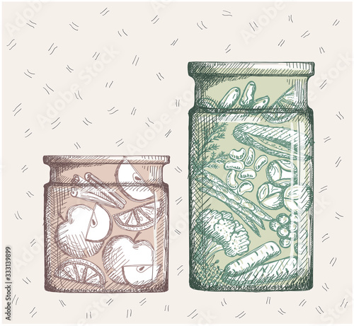 Canned fruits and vegetables. Jam with apple and lemon slices and vegetable canned assorti.