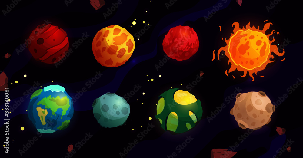 Cartoon planets vector cute set. Space objects - sun, moon, mars, mercury, earth. Fantasy planets. - obrazy, fototapety, plakaty 