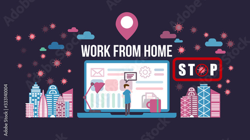 Stay at home. Work from home remotely to prevent spread of COVID-19 using laptop computer in home health concept.Protection from infection.Flat vector illustration.