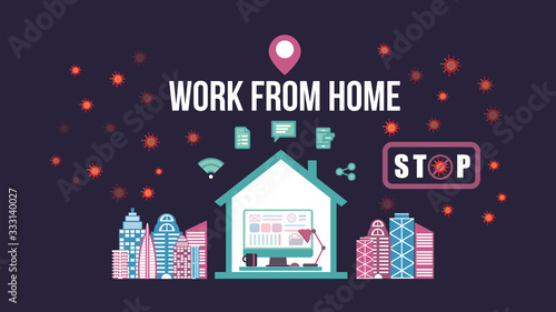 Stay at home. Work from home remotely to prevent spread of COVID-19 using laptop computer in home health concept.Protection from infection.Flat vector illustration.