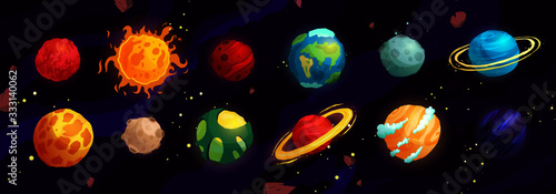 Cartoon planets vector cute set. Space objects - sun, moon, mars, mercury, earth. Fantasy planets.