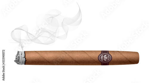 Realistic smoking cigar isolated on white background photo