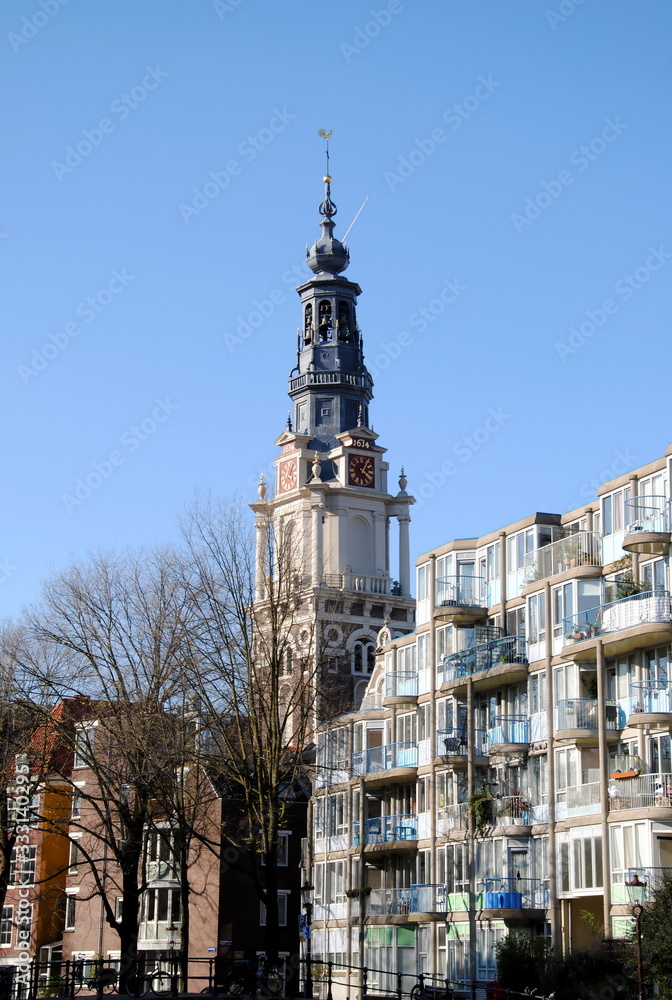 Tower of the Southern church, built between 1603 and 1614 as the first Protestant church of Amsterdam in Amsterdam Renaissance style