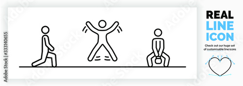 Editable real line icon of a stick figure person staying fit at home by doing exercises for muscle and cardio working on core body strength in modern black lines on a clean white background as eps 