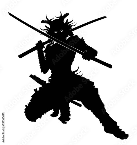 A black silhouette of a samurai in full gear, in a low stance with two swords at the ready, his eyes glowing . 2D illustration