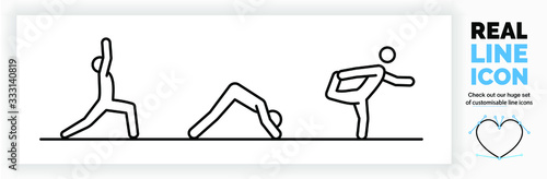 Editable real line icon a stick figure person doing yoga poses at home to stay fit during corona in modern black lines on a white background as a eps vector file
