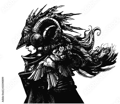 A shaman woman in an unusual iron helmet with horns, her face dramatically hidden in shadow, on her shoulders a cloak with bird wings and flowers. her hair flutters in the wind. 2D illustration