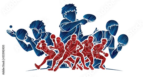 Group of Ping Pong players, Table Tennis players action cartoon sport graphic vector.
