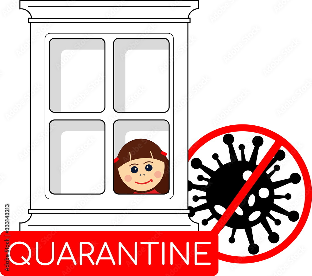 Naklejka premium Coronavirus quarantine red icon, stay at home, girl in window 