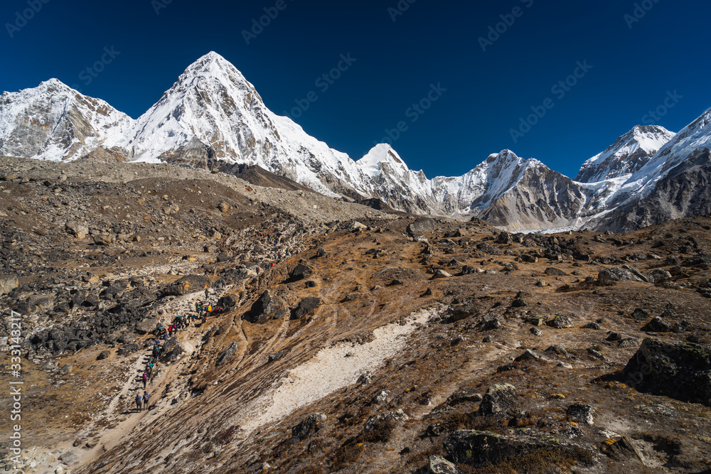 Trekking trail to Everest base camp in Sagarmatha national park, Himalaya mountain range in Nepal