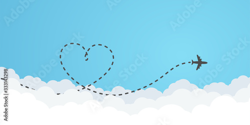 Love travel route icon in transparent style. Airplane line path vector illustration cloud sky background. Dash line trace business concept.