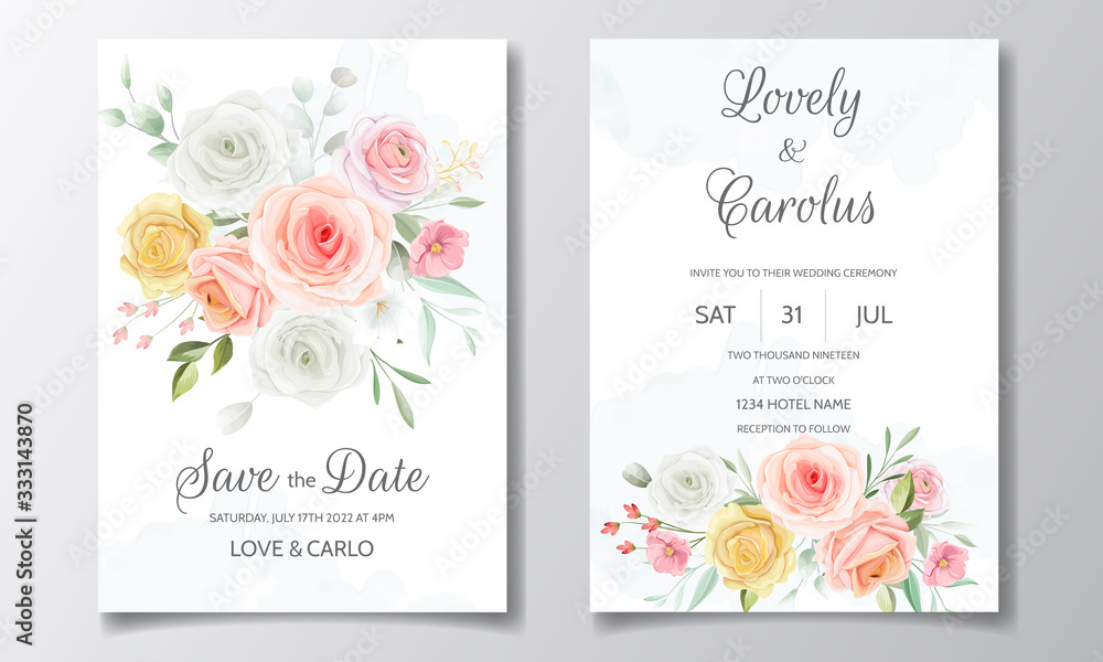 Wedding invitation card set template with beautiful colorful  floral and leaves