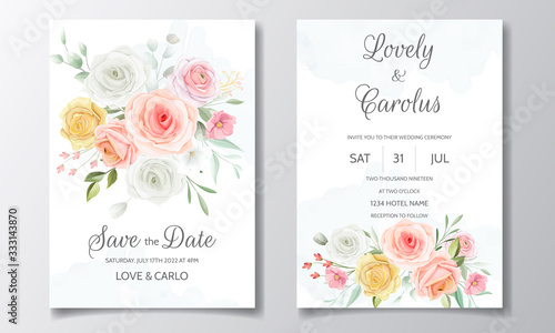 Wedding invitation card set template with beautiful colorful  floral and leaves © mariadeta