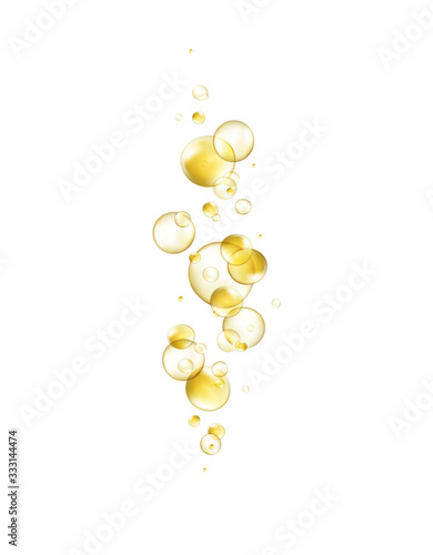 Gold bubbles isolated on white background. Cosmetic vitamin capsule balls or oil pills. Vector golden 3d serum collagen essence pattern..