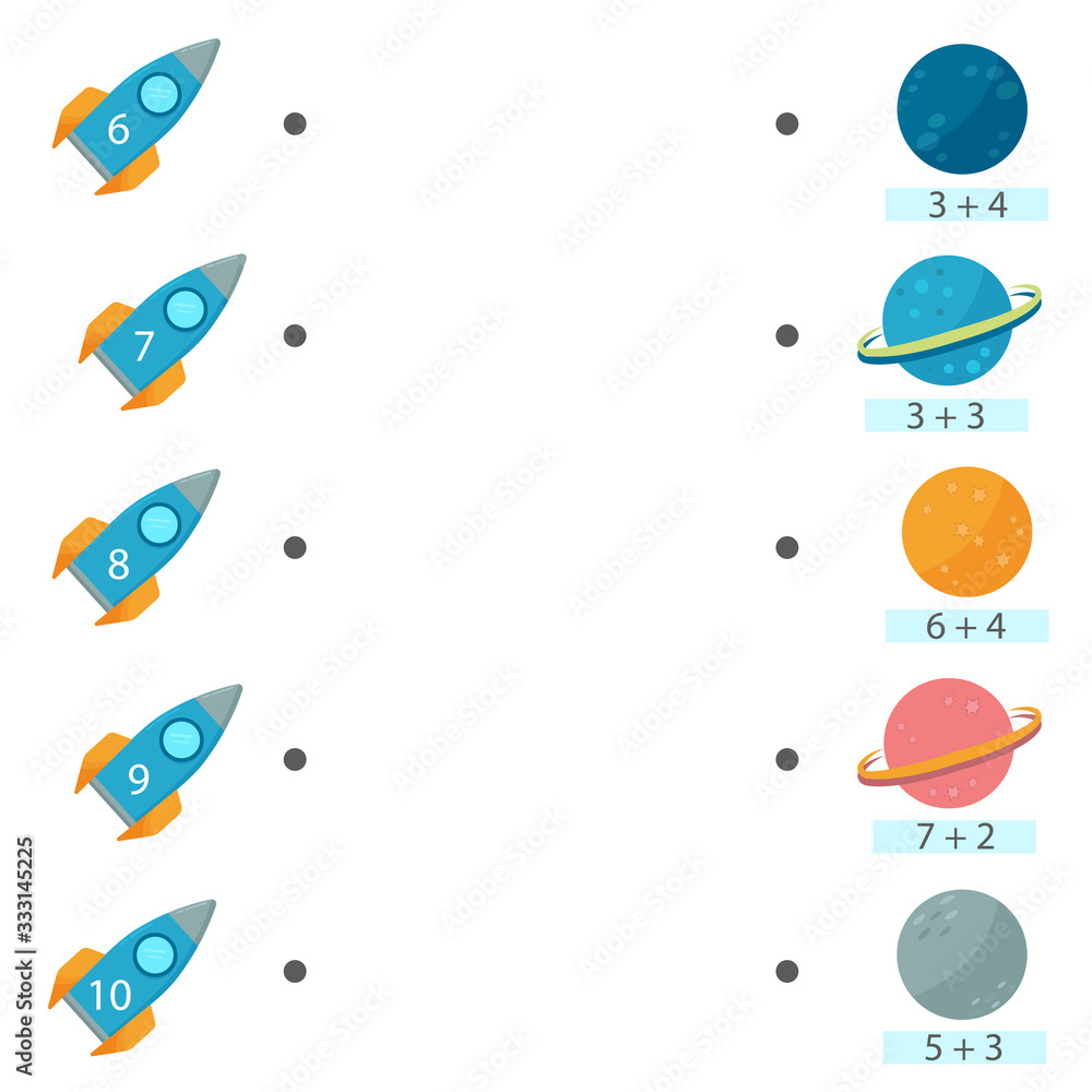 Educational game for children. Connect the rocket and planet. Math exercise for kids. The theme of space. Vector illustration.