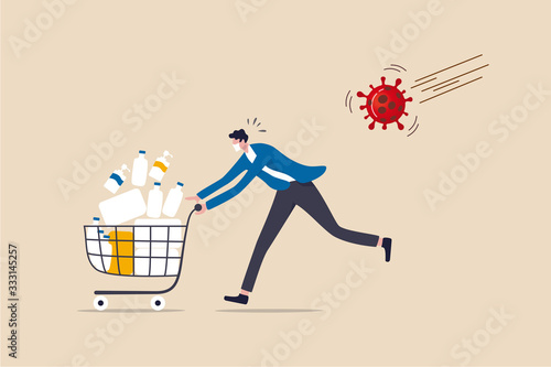 Panic buy in COVID-19 Coronavirus outbreak crisis, people hoarding on curfew and lockdown concept, panic man running in fear with full of goods, medicine, tissues in shopping cart with virus pathogen.