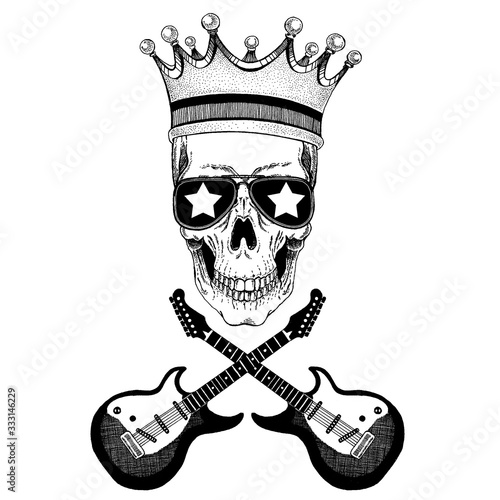 Vector skull in crown with guitars. Logo for shirt, musical poster