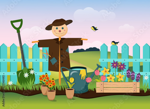 The concept of gardening. Garden tools and boxes with flower seedlings. Stock vector graphics.