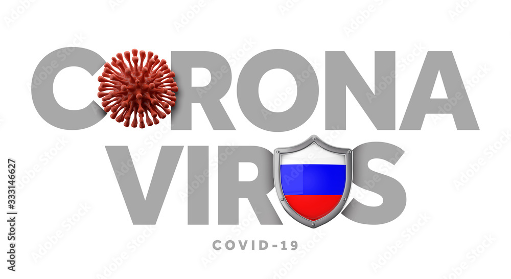 Fototapeta premium Russia coronavirus concept with microbe and shield. 3D Render