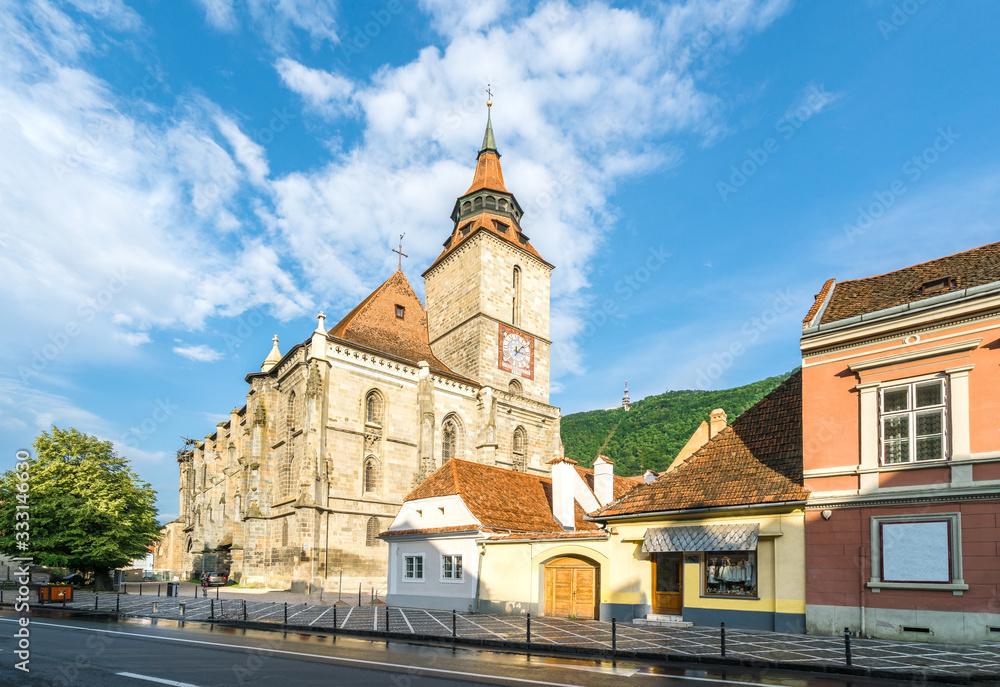 Landscape with Medieval black church in Brasov, Transylvania, Romania