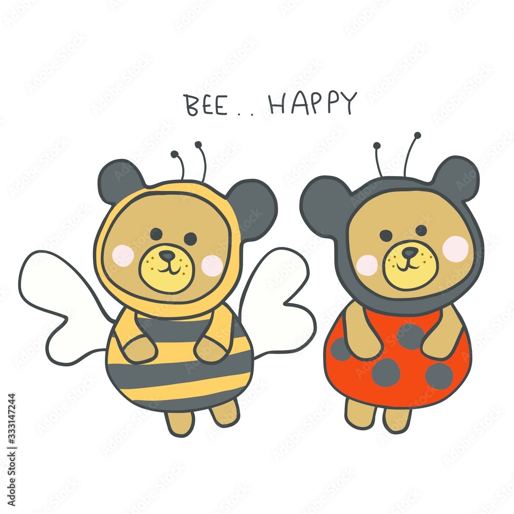 Bee happy , Brown bear wear bee and ladybird beetle cartoon vector illustration Bee happy , Brown bear wear bee and ladybird beetle cartoon vector illustration