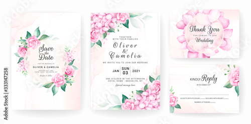 Floral wedding invitation card template set with watercolor floral arrangements and border. Flowers decoration for save the date, greeting, thank you, poster, cover. Botanic illustration vector
