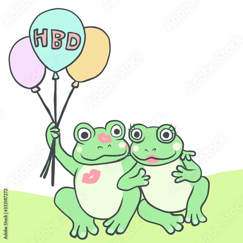 Couple frog happy birthday balloon cartoon vector illustration