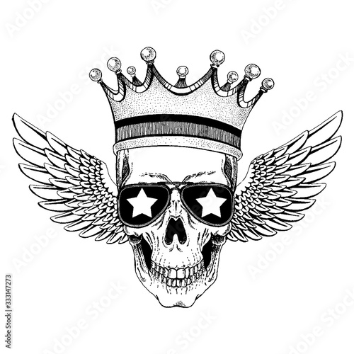 Vector skull in crown with wings. Logo for shirt, musical poster