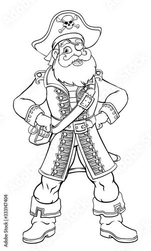 A friendly pirate cartoon character captain mascot with skull and crossed bones on his tricorne hat, eye patch and hands on hips